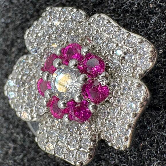 Sterling Silver Magenta Floral Stud Earrings - Rhodium Plated Cluster - Picture 4 of 7